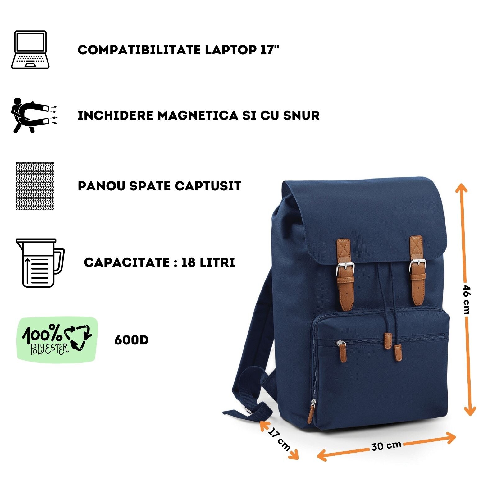 Rucsac vintage pentru laptop 13"-17", 3 buzunare, 6 compartimente, Ronic X, 30 x 46 x 17 cm, 18 l, navy