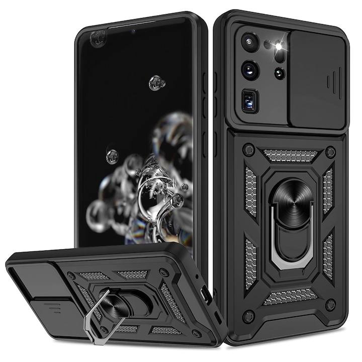 Husa pentru Samsung Galaxy S21 Plus 5G Premium Hybrid Armor Kickstand, Slider Camera, Antisoc, Protectie Superioara, Negru