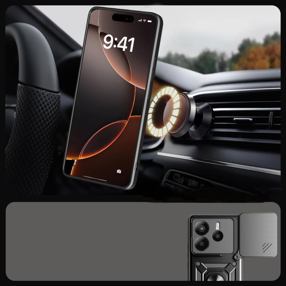 Husa pentru Xiaomi Redmi Note 14 5G, SKYDDAR INNOVATION, CamShield, Inel magnetic, set cu sticker, Negru