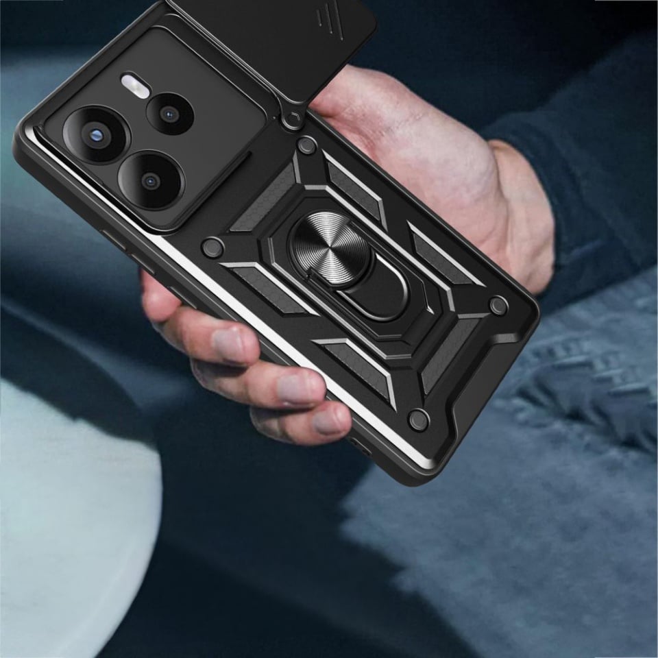 Husa pentru Xiaomi Redmi Note 14 5G, SKYDDAR INNOVATION, CamShield, Inel magnetic, set cu sticker, Negru