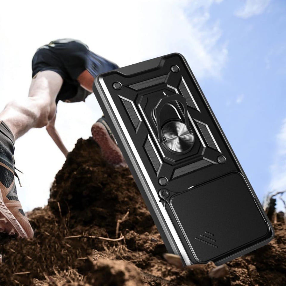 Husa pentru Xiaomi Redmi Note 14 5G, SKYDDAR INNOVATION, CamShield, Inel magnetic, set cu sticker, Negru