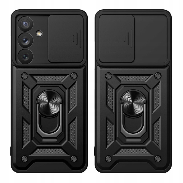 Husa telefon compatibila cu Samsung Galaxy A54 5G, protectie camera Slide and Snap Soft Premium, Magnetic Ring Holder, PopGrip, Anti-Shock, Rugged Protection, Negru