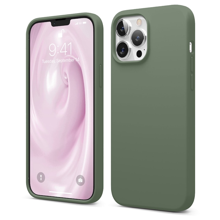 Husa CASEY STUDIOS™ pentru Apple iPhone 13 Pro Max, Soft Silicone Premium, Microfibra in Interior, Webster Green, de Protectie, Ultra Slim, pentru Incarcare Wireless, Margini Ridicate pentru Protectia Ecranului si a Camerelor