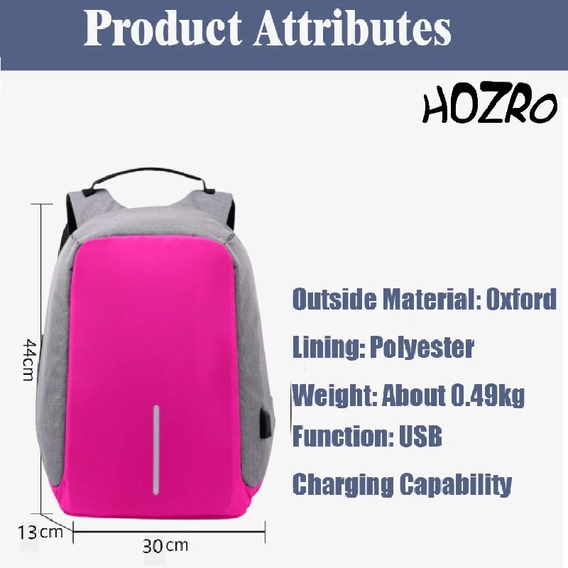 Rucsac Laptop HOZRO, 14 inch, Port USB, Poliester, Roz, 40x28x13cm