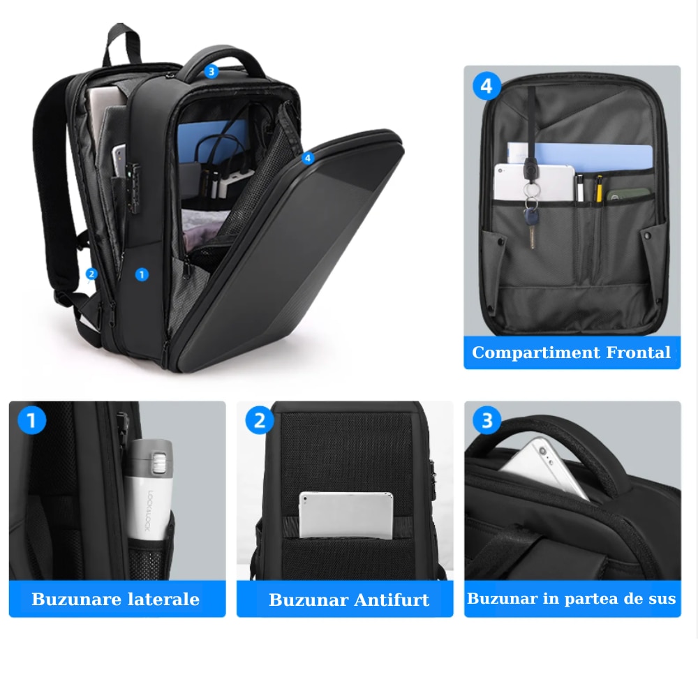 Rucsac Laptop 15 inch, SALENDRO, impermeabil, extensibil, negru, 18L-32L