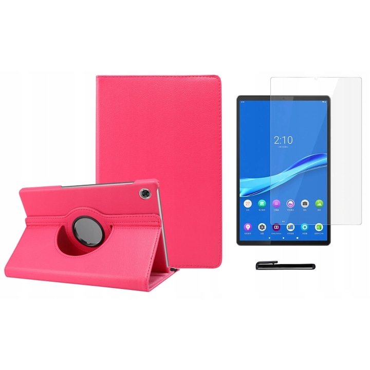 Set husa tableta/folie de protectie/stylus, Piele ecologica, Compatibil cu Lenovo Tab M10 HD 2 GEN, Roz