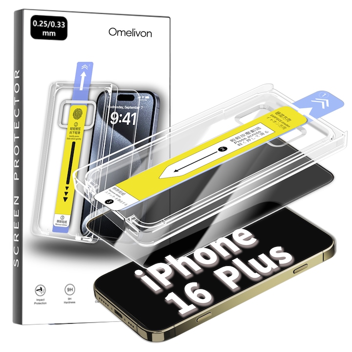 Folie de Protectie Privacy pentru iPhone 16 Plus, Omelivon, Sticla Securizata, Full Cover, Margini negre, cu Kit de Aplicare Instanta si Functie Automata de Indepartare a Prafului, Duritate 9H, Ultra HD, advanced touch sensitivity, Anti Amprente