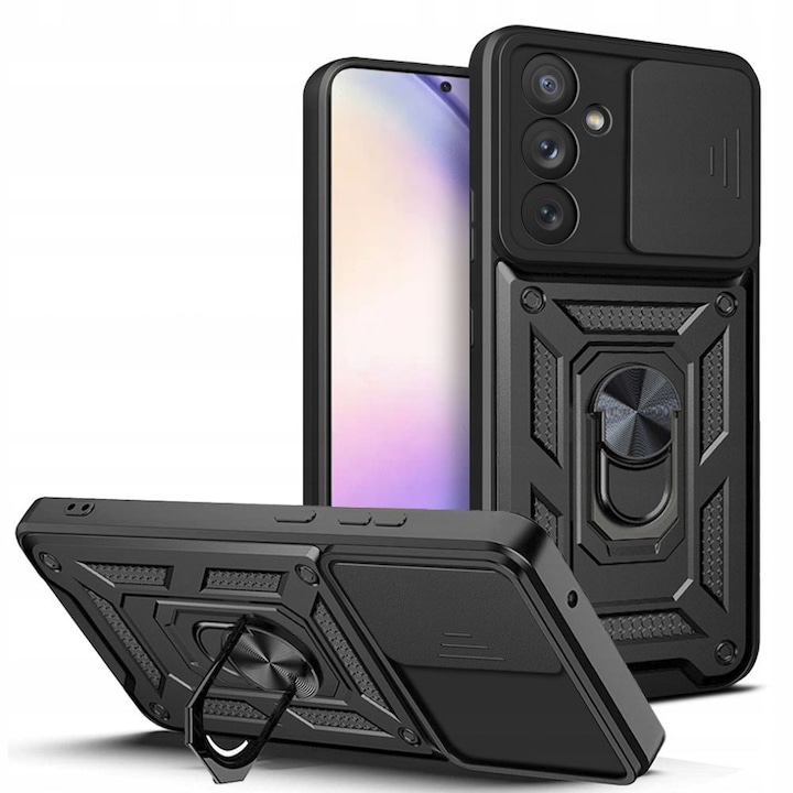 Husa pentru Samsung Galaxy A56 Anti-Shock Rugged cu inel rotativ, Ring Armor Kickstand, cu slider pentru protectie lentile, negru
