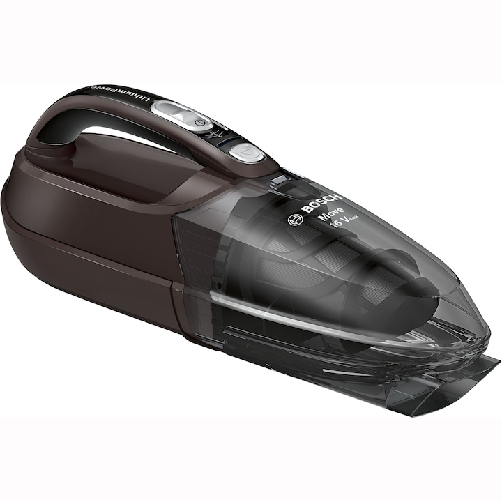 Aspirator de mana Bosch, aspirare uscata, fara sac, 2 trepte de putere, filtru lavabil, 0.40 litri, acumulator Li-Ion 14.4 V, sistem Cyclonic Airflow, gri grafit