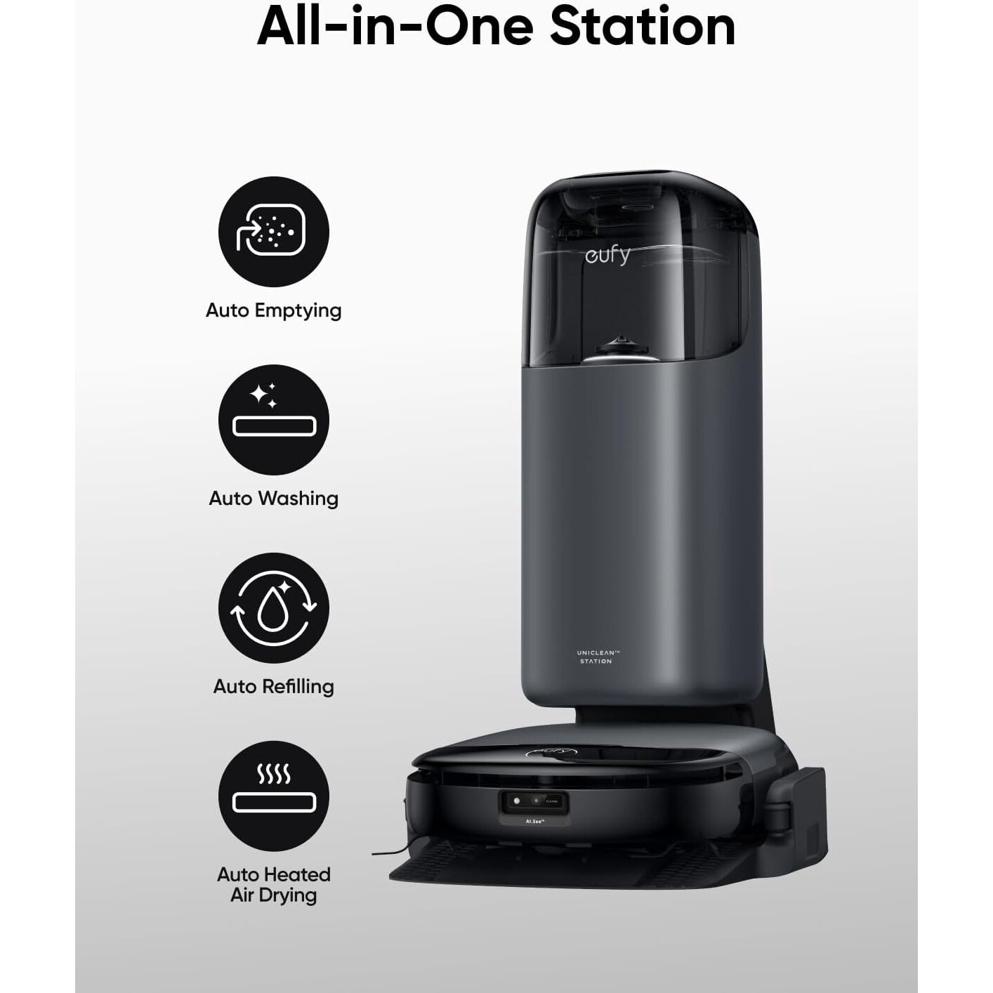 Aspirator robot eufy Omni S1, All-in-One Station, HydroJet Aspirator si Mop, 8000 Pa, Negru