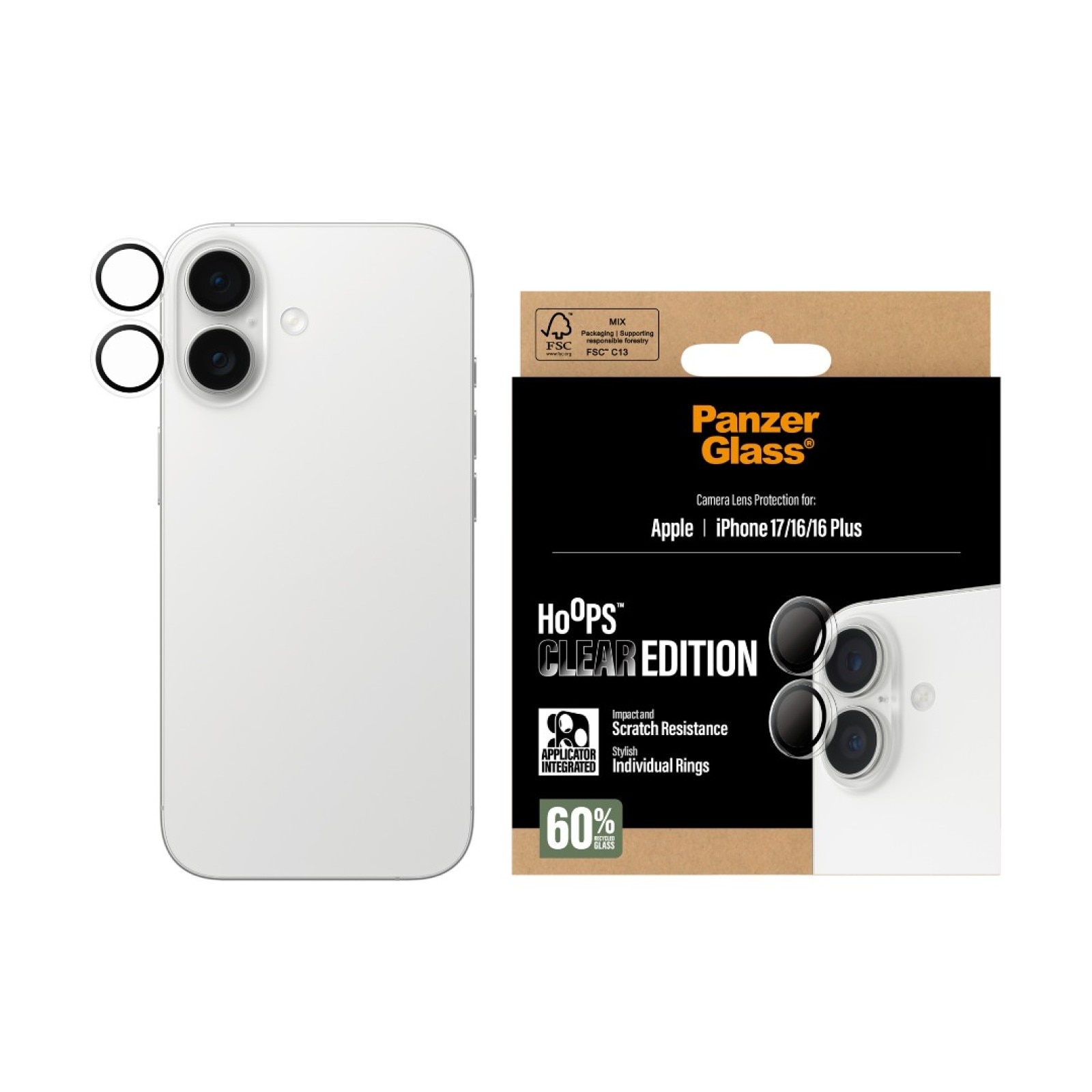 Folie Camera pentru iPhone 17 / iPhone 16 / iPhone 16 Plus - PanzerGlass Hoops Series - Transparent