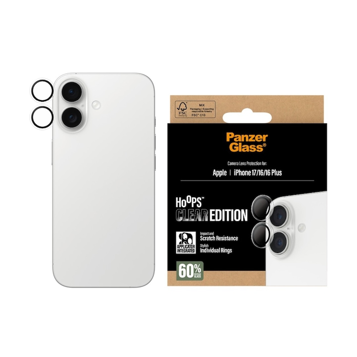 Folie Camera pentru iPhone 17 / iPhone 16 / iPhone 16 Plus - PanzerGlass Hoops Series - Transparent