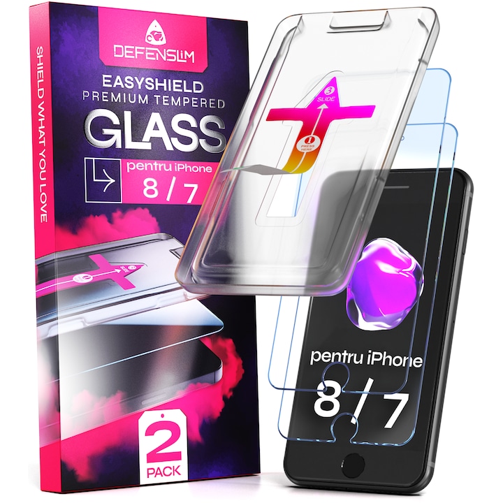 Folie sticla compatibil cu iPhone 8 / 7, set 2 buc, DefenSlim, instalare usoara si rapida cu dispozitiv de potrivire automata in 30 sec cu Easy Install Kit patentat, protectie telefon