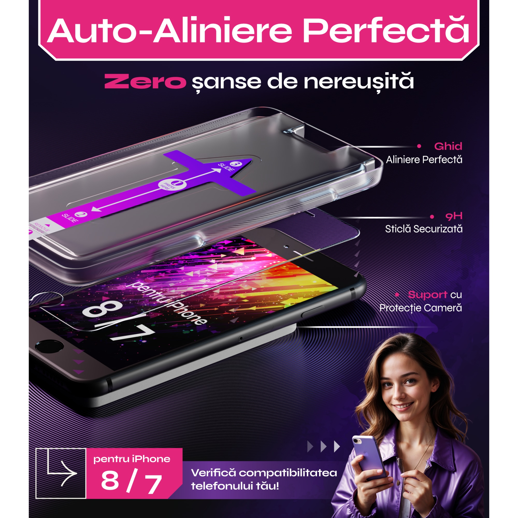 Folie sticla compatibil cu iPhone 8 / 7, set 2 buc, DefenSlim, instalare usoara si rapida cu dispozitiv de potrivire automata in 30 sec cu Easy Install Kit patentat, protectie telefon