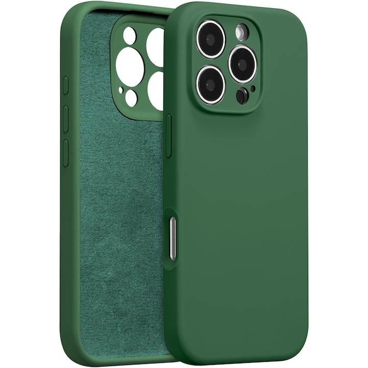 Husa de Protectie, Flippy, pentru iPhone 16 Pro, Liquid Silicone, cu Microfibra pe Interior, Protectie Antisoc, Compatibil Incarcare Wireless, Verde