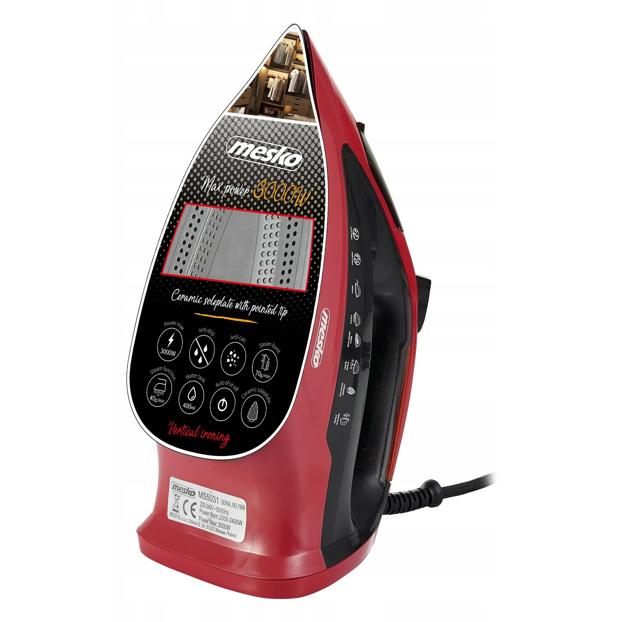 Fier de calcat cu abur Mesko MS 5031, 3000W, 5 functii, ceramica, 400ml