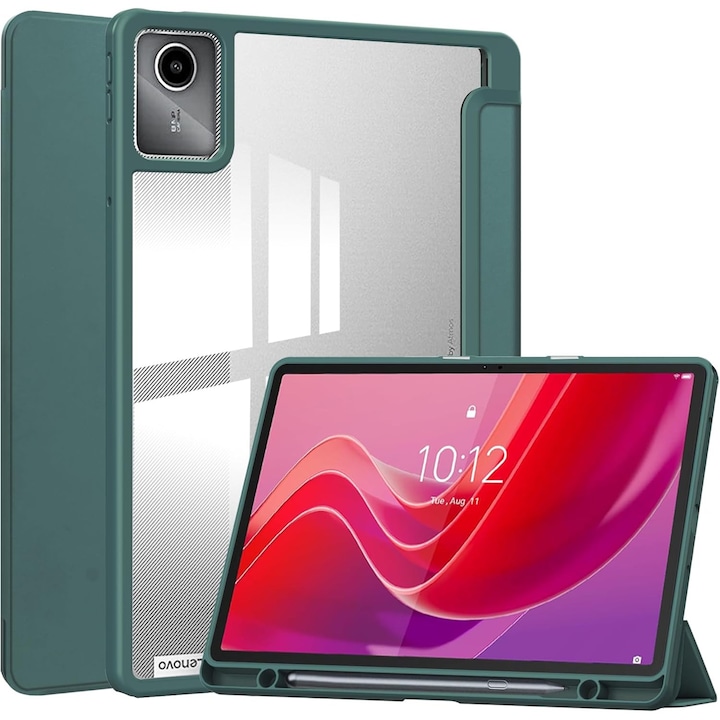 Husa premium pentru Lenovo Tab P12 (TB370FU)/Lenovo Idea Tab Pro(TB-373FU), 12.7'', Sigloo, suport Smart Pen, spatele din policarbonat transparent, rezistent la socuri, Pine Green