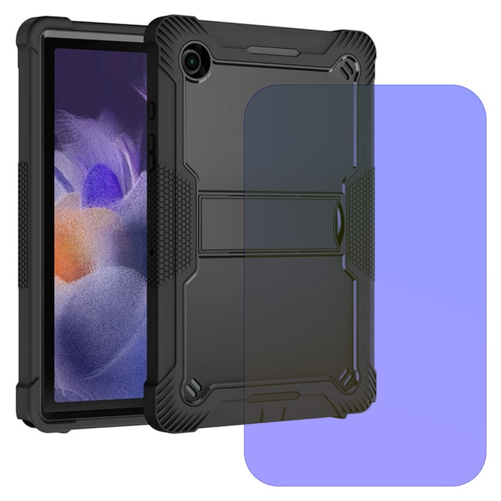 Husa Tableta 3-Layer TabAegis din Silicon cu Folie din Sticla pentru Lenovo Tab M10 PLUS 3rd Gen, Protectie FullBody 360° cu Functie de Stand, Military Grade Shockproof, Raised Honeycomb Pattern Design, Negru