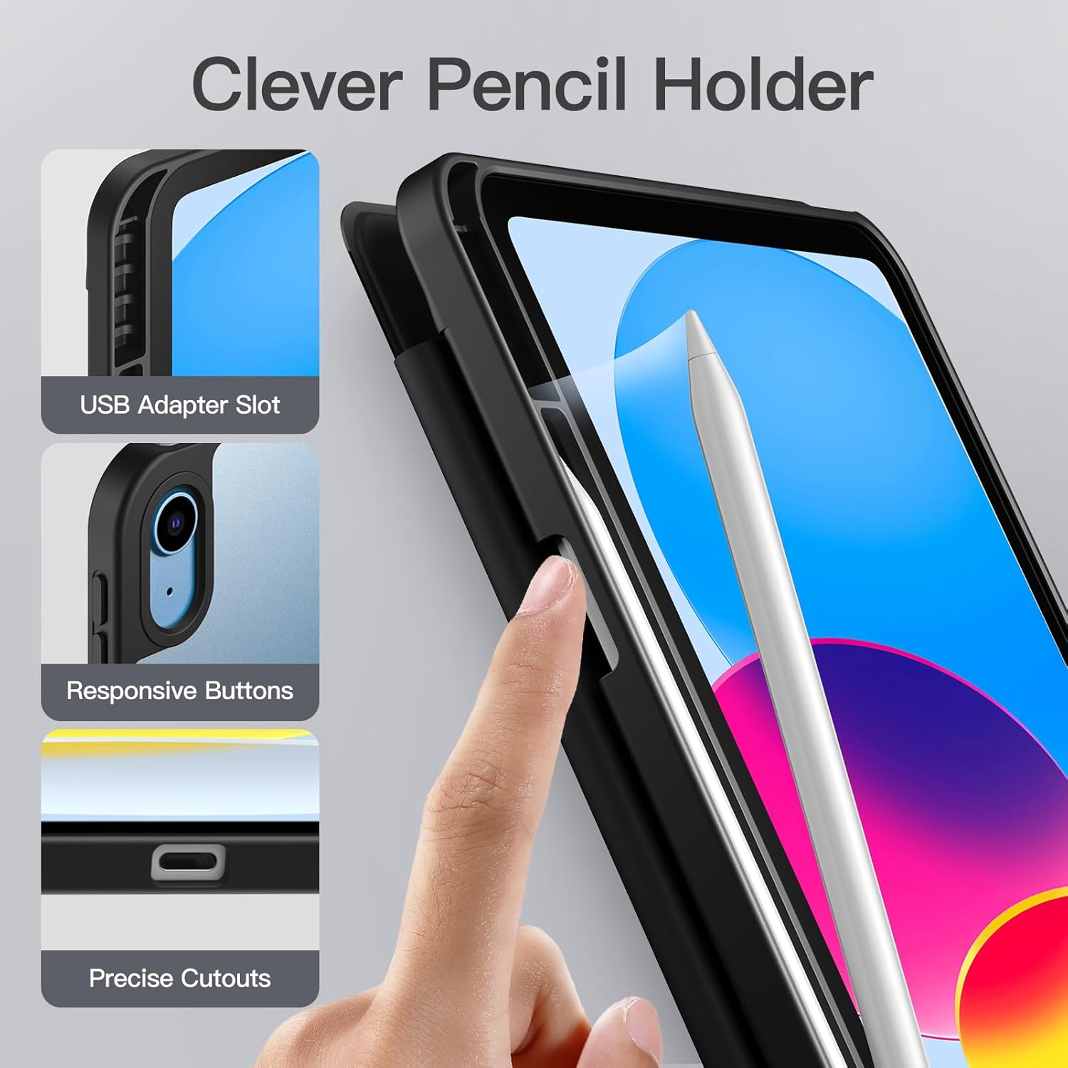 Husa tableta iPad 10 10, 9 inchi, model 2022, generatia a 10-a cu suport pentru creion neagra