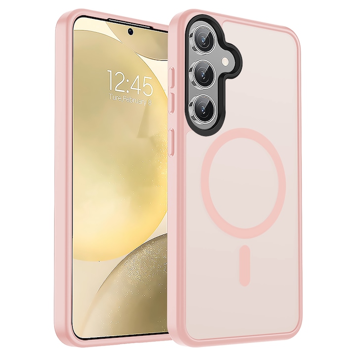 Husa compatibila cu Incarcare Magsafe pentru Samsung Galaxy S24 Plus, CASEY STUDIOS™, de Protectie, Slim, pentru Incarcare Wireless, Margini Ridicate pentru Protectia Ecranului si a Camerelor, Roz
