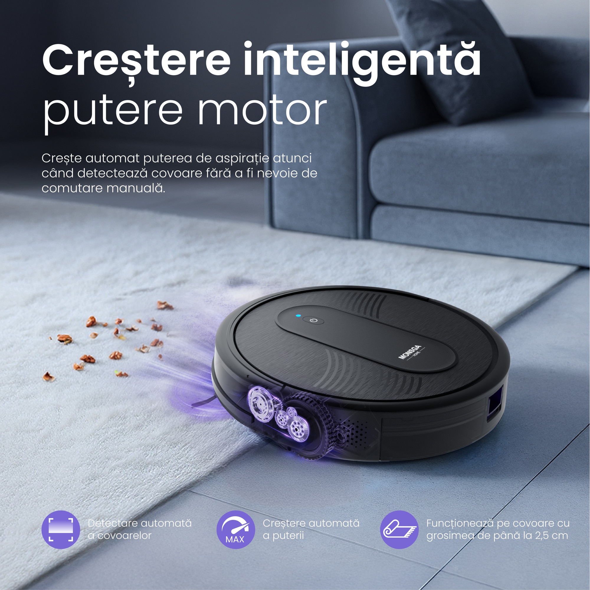 MonsgaClean MR1 Robot aspirator 4-in-1, 4000Pa, control prin aplicatie & Alexa, autonomie 140 min, ultra-subtire, auto-reincarcare, pentru par de animale si podele dure, negru