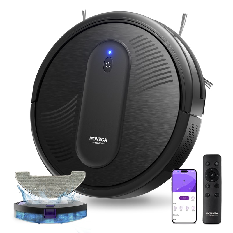 MonsgaClean MR1 Robot aspirator 4-in-1, 4000Pa, control prin aplicatie & Alexa, autonomie 140 min, ultra-subtire, auto-reincarcare, pentru par de animale si podele dure, negru