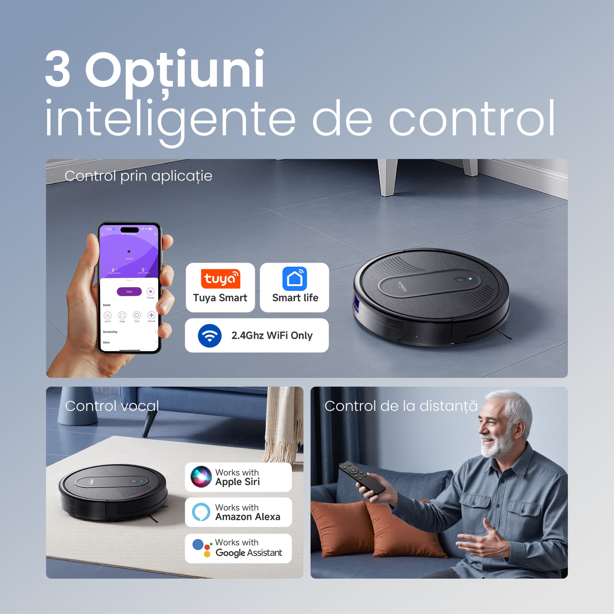 MonsgaClean MR1 Robot aspirator 4-in-1, 4000Pa, control prin aplicatie & Alexa, autonomie 140 min, ultra-subtire, auto-reincarcare, pentru par de animale si podele dure, negru