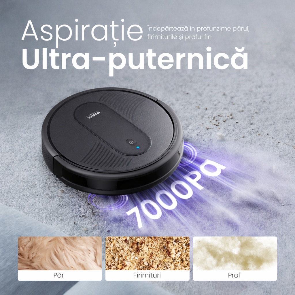 MonsgaClean MR1 Robot aspirator 4-in-1, 4000Pa, control prin aplicatie & Alexa, autonomie 140 min, ultra-subtire, auto-reincarcare, pentru par de animale si podele dure, negru