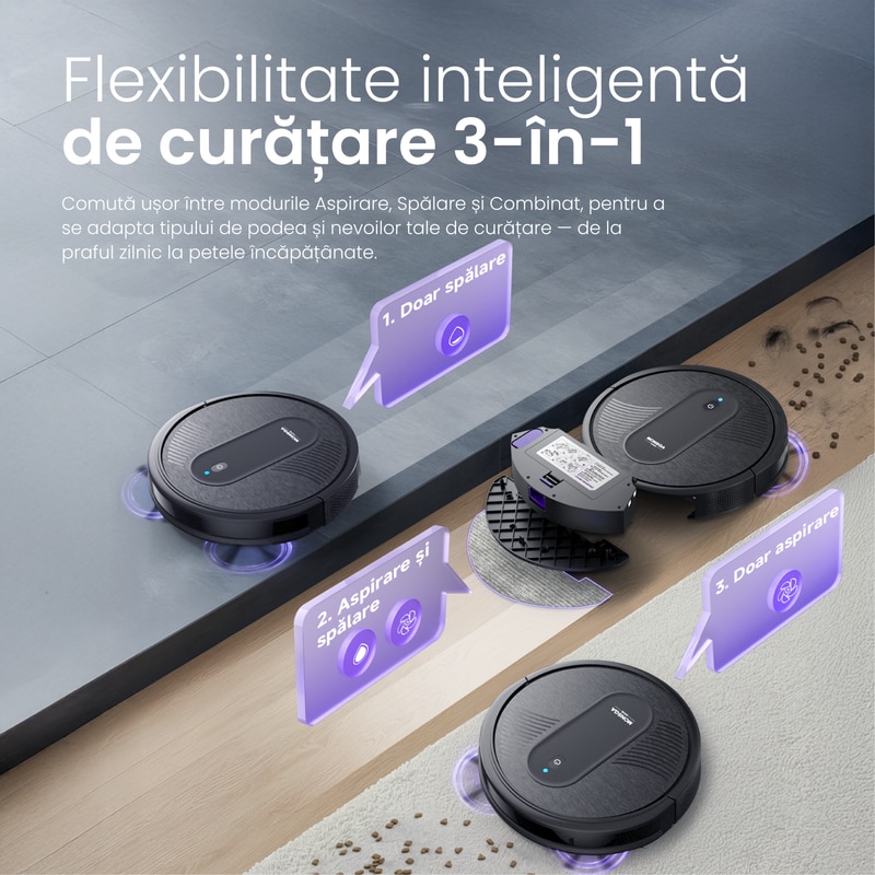 MonsgaClean MR1 Robot aspirator 4-in-1, 4000Pa, control prin aplicatie & Alexa, autonomie 140 min, ultra-subtire, auto-reincarcare, pentru par de animale si podele dure, negru