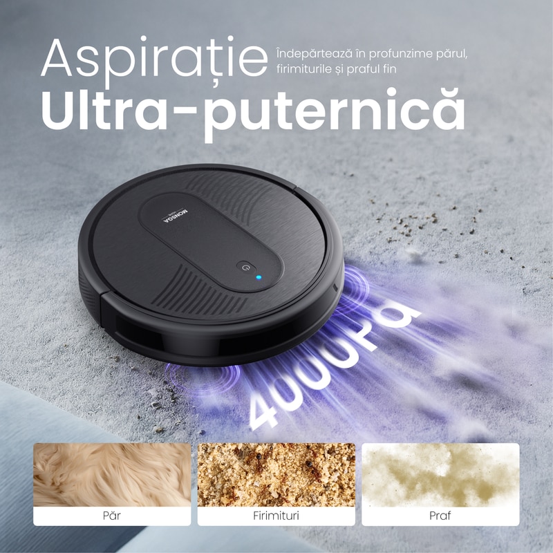 MonsgaClean MR1 Robot aspirator 4-in-1, 4000Pa, control prin aplicatie & Alexa, autonomie 140 min, ultra-subtire, auto-reincarcare, pentru par de animale si podele dure, negru