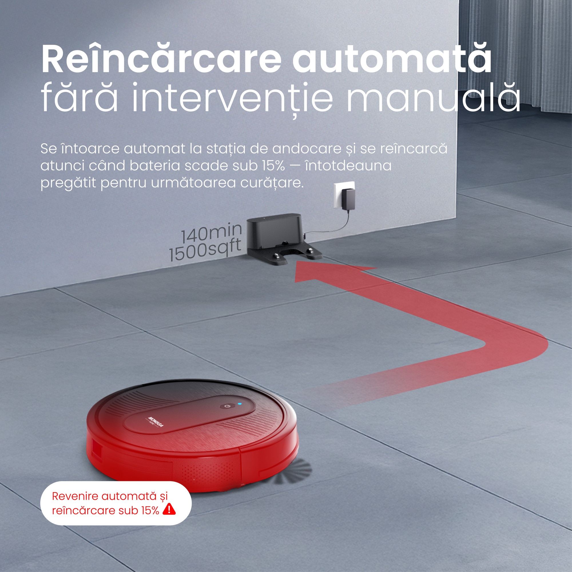 MonsgaClean MR1 Robot aspirator 4-in-1, 4000Pa, control prin aplicatie & Alexa, autonomie 140 min, ultra-subtire, auto-reincarcare, pentru par de animale si podele dure, negru