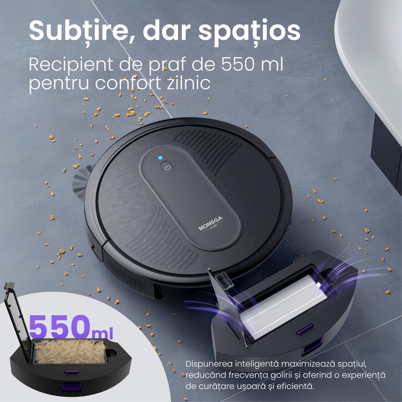 MonsgaClean MR1 Robot aspirator 4-in-1, 4000Pa, control prin aplicatie & Alexa, autonomie 140 min, ultra-subtire, auto-reincarcare, pentru par de animale si podele dure, negru