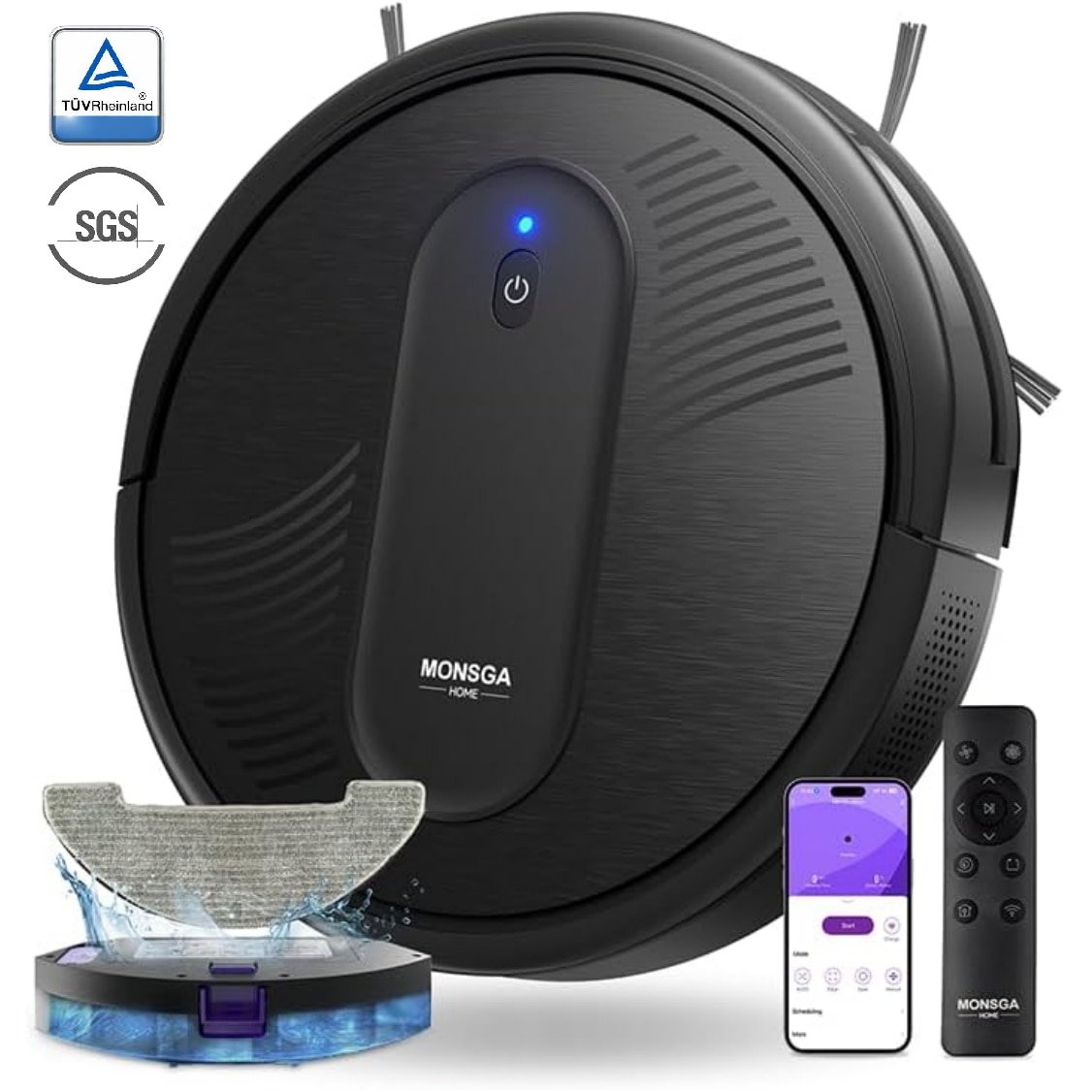 MonsgaClean MR1 Robot aspirator 4-in-1, 4000Pa, control prin aplicatie & Alexa, autonomie 140 min, ultra-subtire, auto-reincarcare, pentru par de animale si podele dure, negru