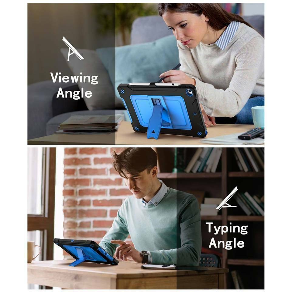 Husa Hard Sigloo pentru Apple iPad 9th/8th/7th Gen (2021/2020/2019), 10.2'', Protectie Completa, Suport Creion, Stand Buit-in, Curea Umar, Anti-Soc, Albastru Fosforescent