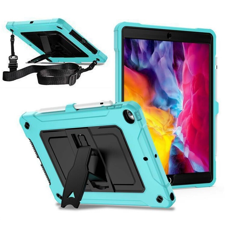 Husa Hard Sigloo pentru Apple iPad 9th/8th/7th Gen (2021/2020/2019), 10.2'', Protectie Completa, Suport Creion, Stand Buit-in, Curea Umar, Anti-Soc, Albastru Fosforescent