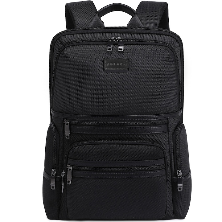 Rucsac slim unisex pentru laptop de 15.6 inch, business elegant cu port USB TYPE-C, din poliester rezistent la apa si zgirieturi, JOLAR. KB02314BK Negru